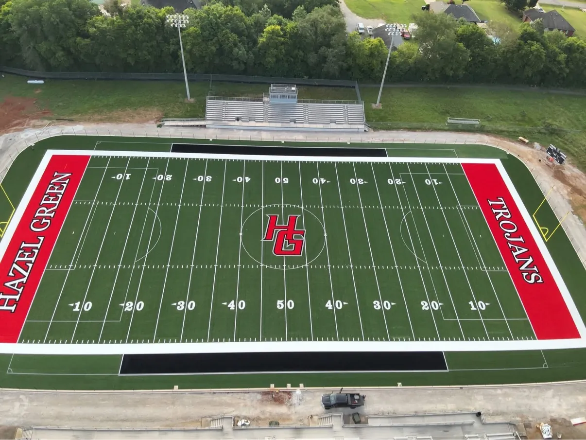 High school football field turf with red end zones