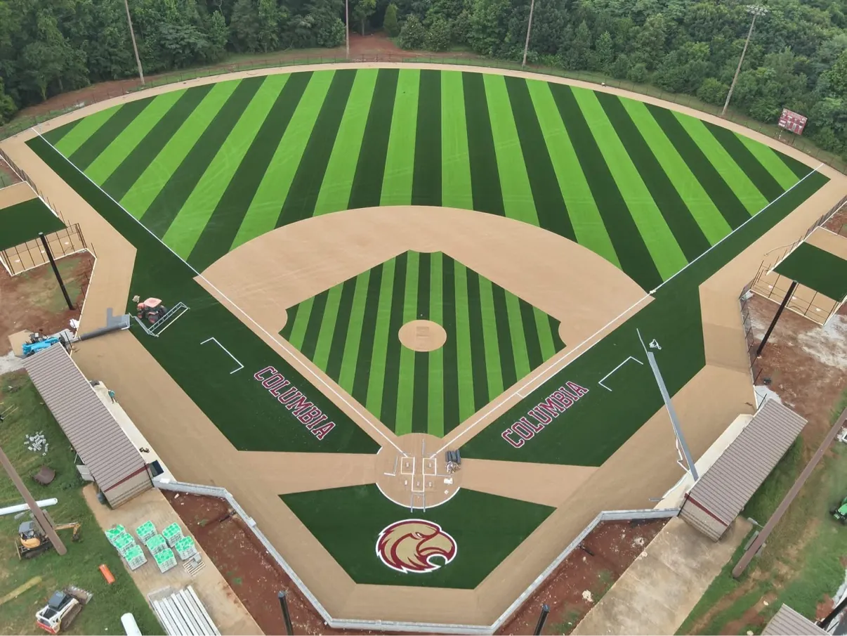 Aerial of football field with midfield logo