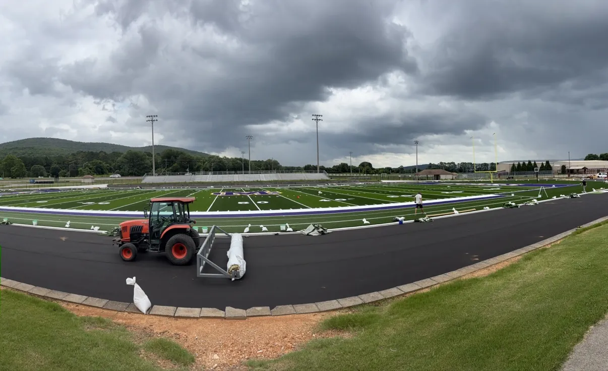 High school football field with custom end zones