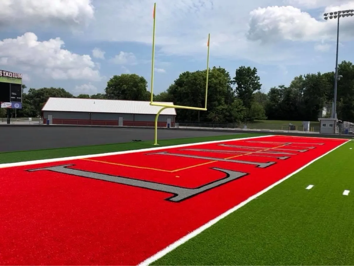 Red end zone with custom lettering